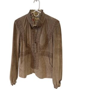 June Leather Suede Ruffle Eyelet Jacket Tan Brown Silk Lined Womens Large Boho